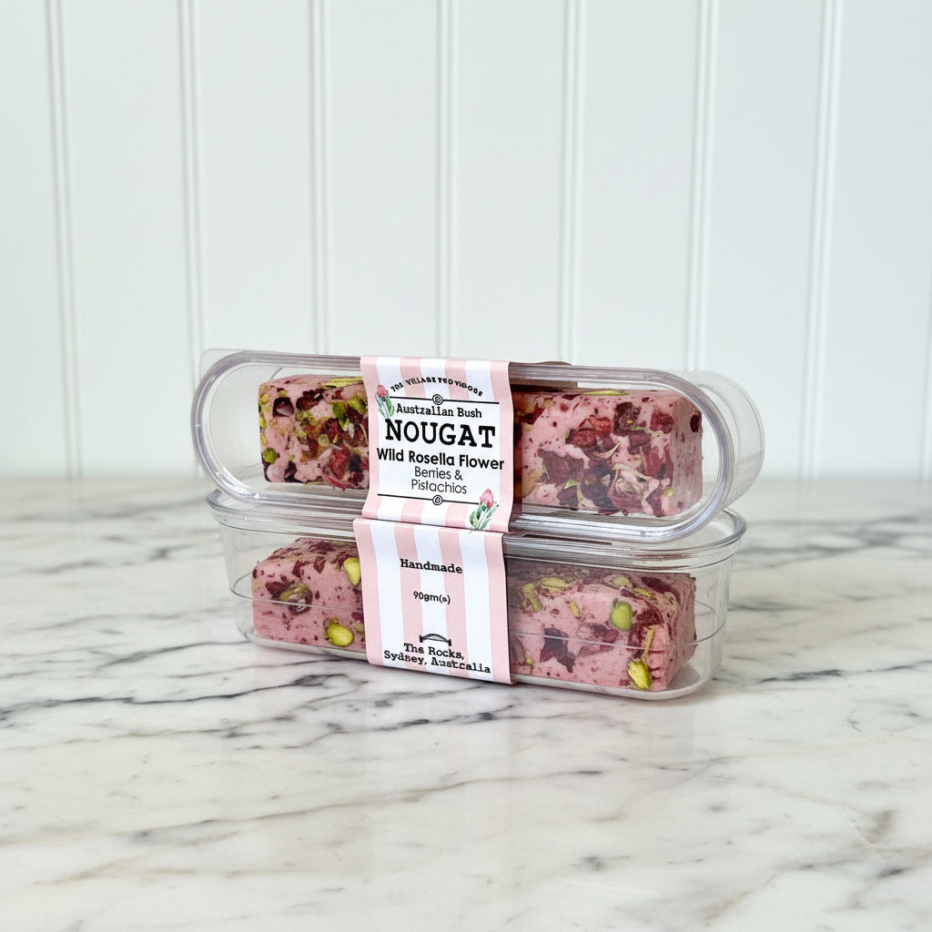 Two containers of Australian Bush Nougat with visible ingredients on a white background