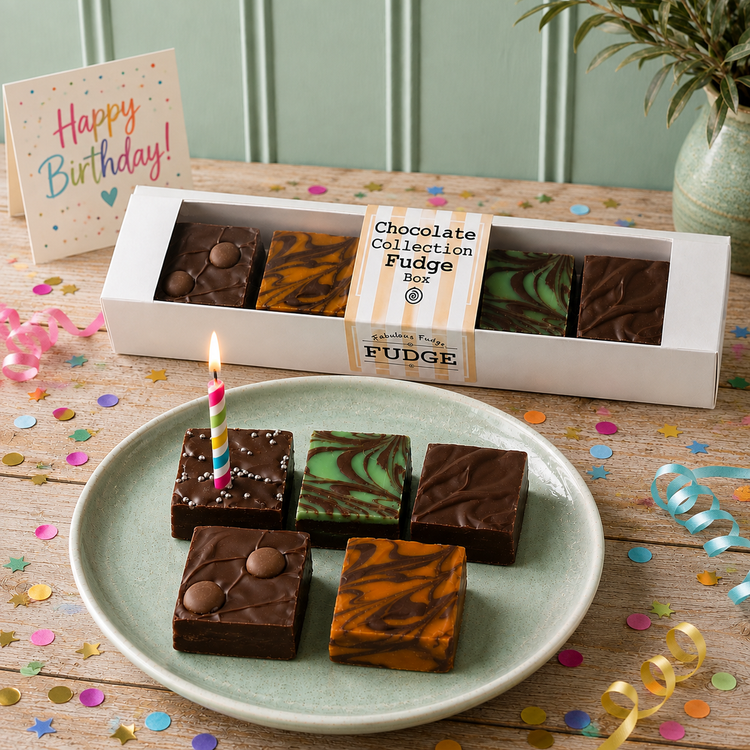 Birthday Gifts - chocolate fudge gift box with birthday card, candle and confetti