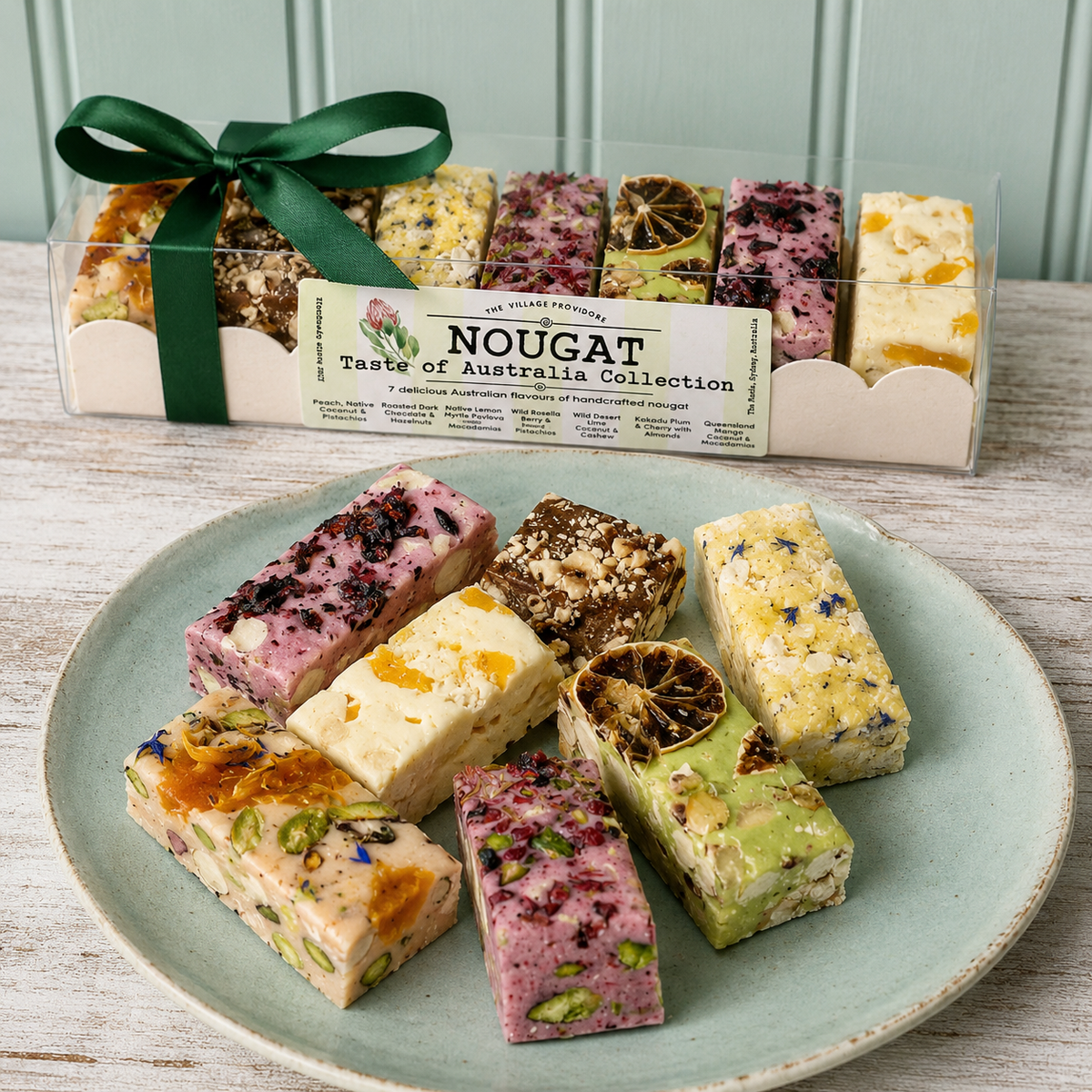 Taste of Australia handmade nougat gift box with seven Australian native flavour pieces