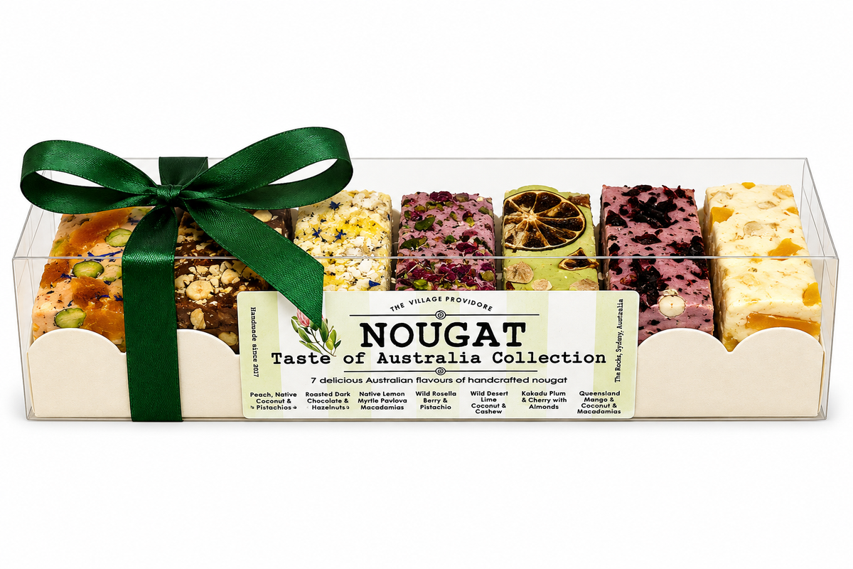 Taste of Australia handmade nougat gift box with seven Australian native flavour pieces