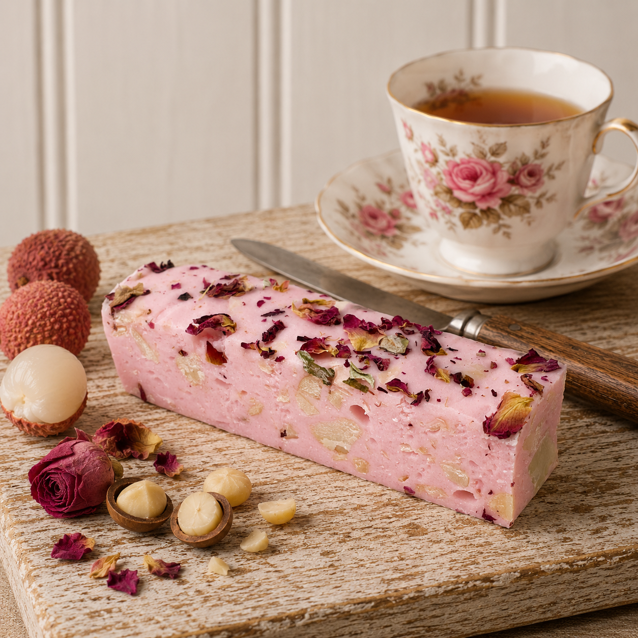 Lychee, Rose & Macadamias Nougat