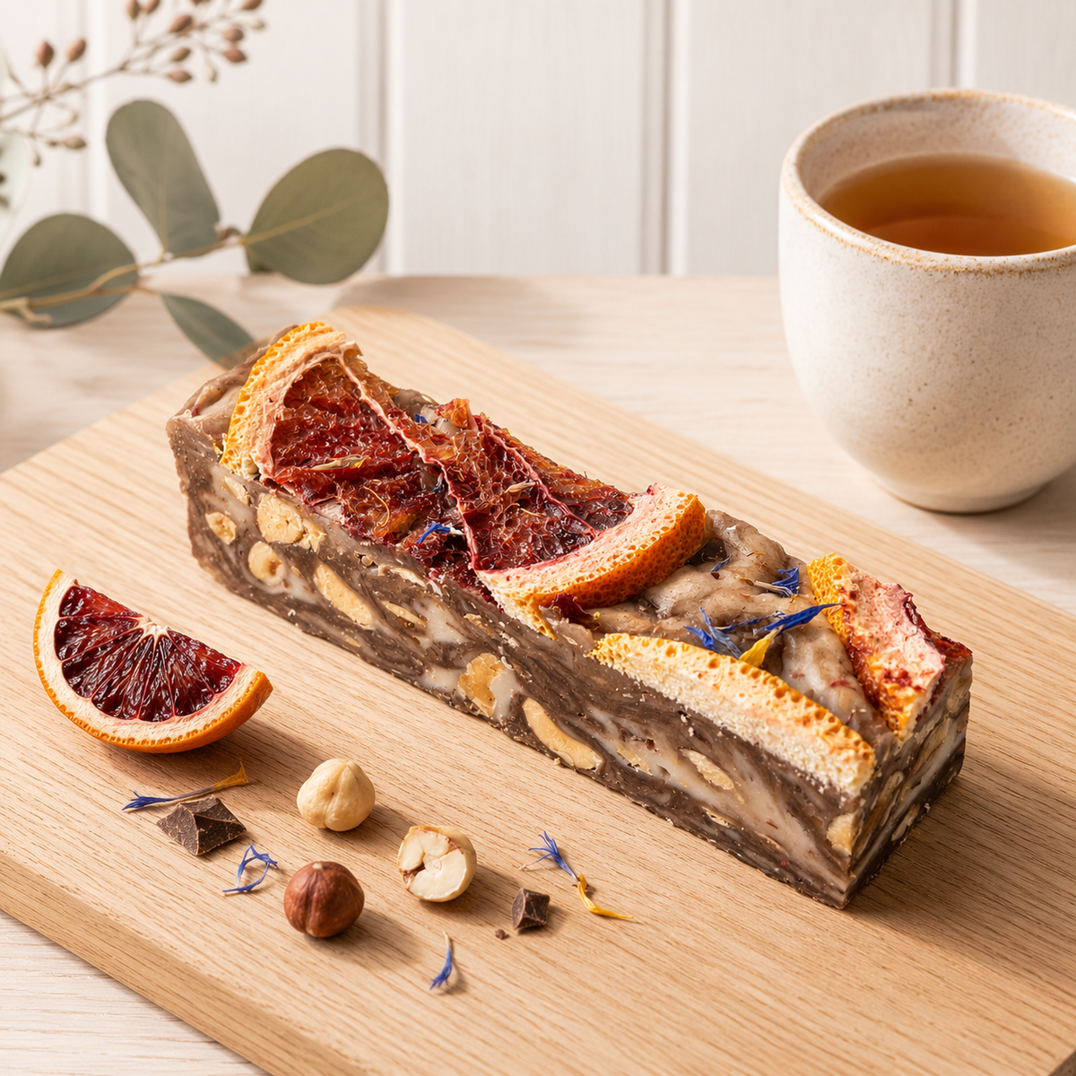 Chocolate nougat log with nuts and dried citrus on a wooden board